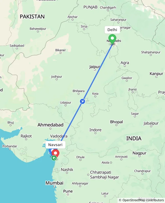 Route map showing distance and travel time from Delhi, India to Navsari, India