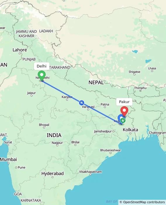 Route map showing distance and travel time from Delhi, India to Pakur, India