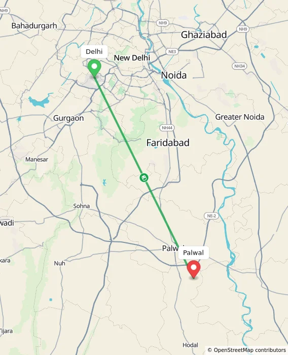 Route map showing distance and travel time from Delhi, India to Palwal, India