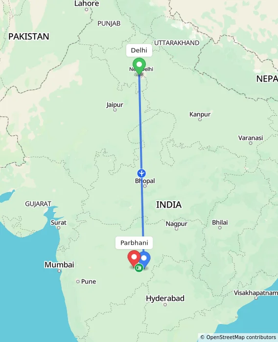 Route map showing distance and travel time from Delhi, India to Parbhani, India