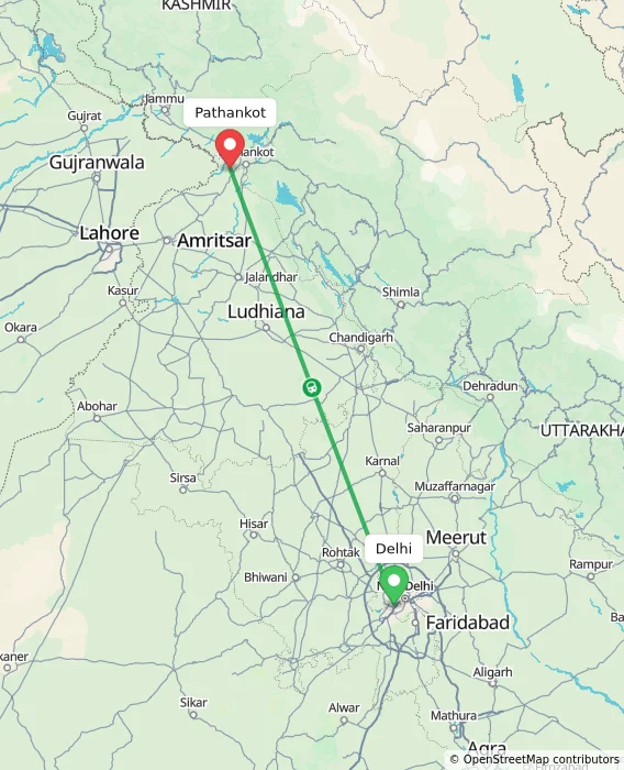 Route map showing distance and travel time from Delhi, India to Pathankot, India