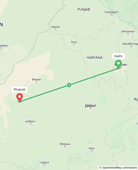 Route map showing distance and travel time from Delhi, India to Phalodi, India