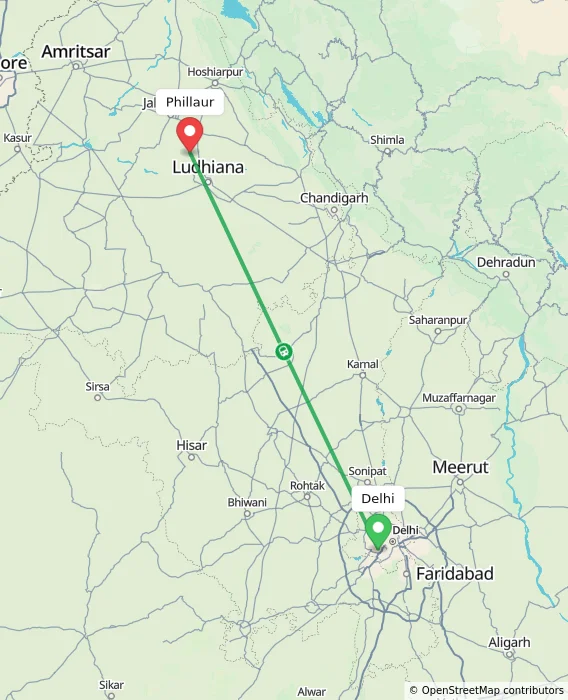Route map showing distance and travel time from Delhi, India to Phillaur, India