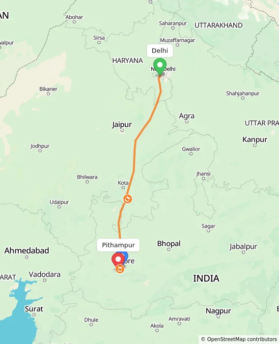 Route map showing distance and travel time from Delhi, India to Pithampur, India