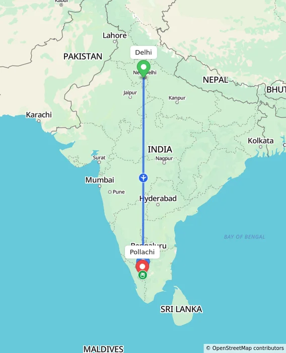 Route map showing distance and travel time from Delhi, India to Pollachi, India
