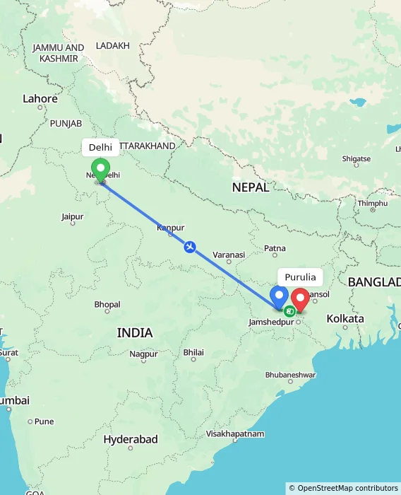 Route map showing distance and travel time from Delhi, India to Purulia, India