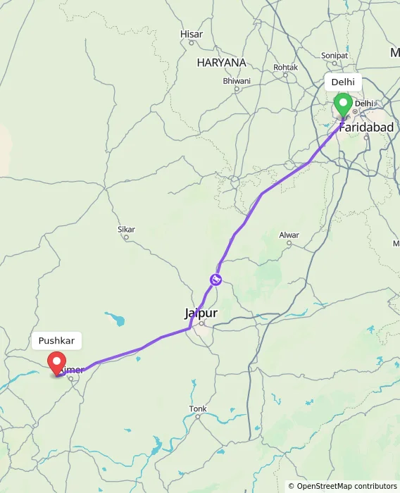 Route map showing distance and travel time from Delhi, India to Pushkar, India