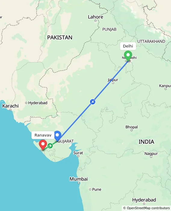 Route map showing distance and travel time from Delhi, India to Ranavav, India