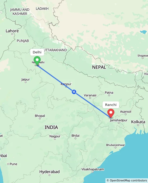 Route map showing distance and travel time from Delhi, India to Ranchi, India
