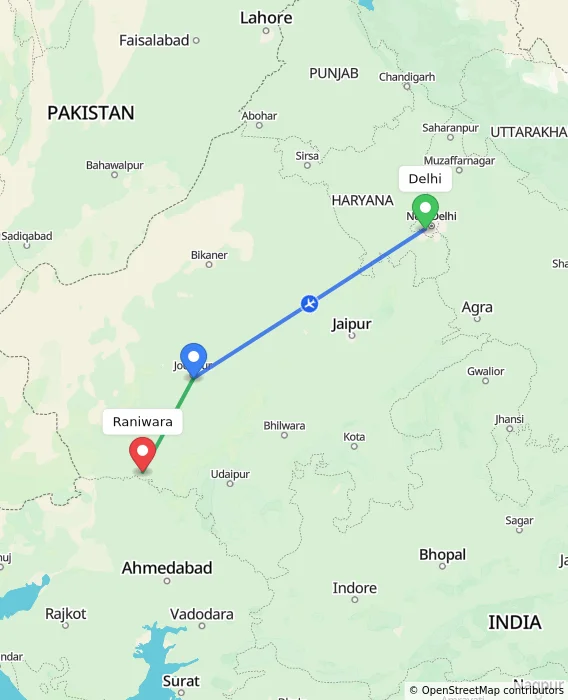Route map showing distance and travel time from Delhi, India to Raniwara, India