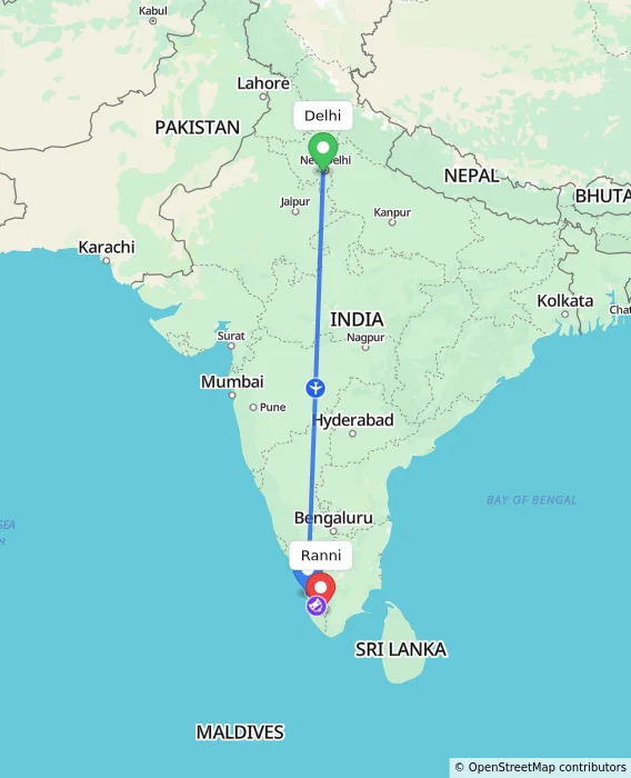 Route map showing distance and travel time from Delhi, India to Ranni, India