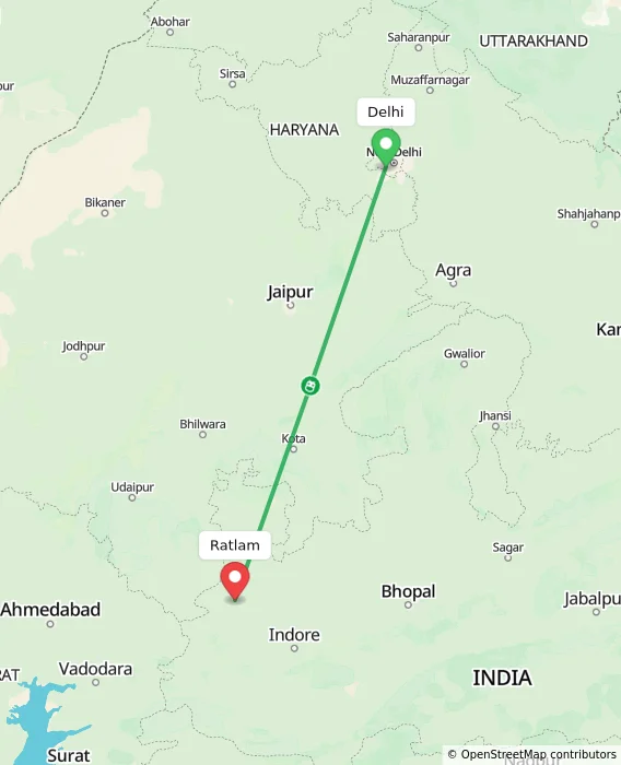 Route map showing distance and travel time from Delhi, India to Ratlam, India