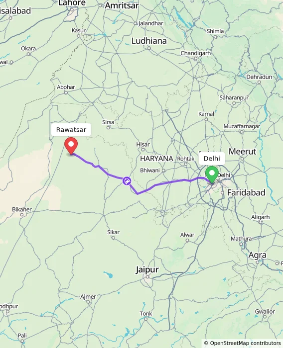 Route map showing distance and travel time from Delhi, India to Rawatsar, India
