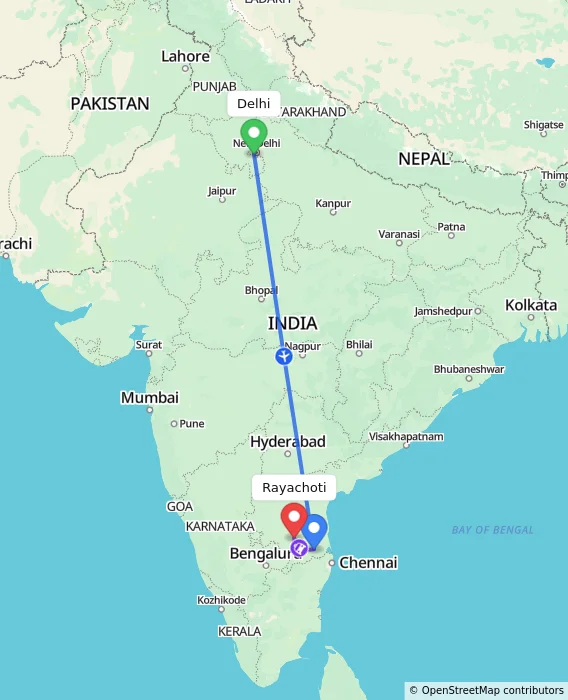 Route map showing distance and travel time from Delhi, India to Rayachoti, India