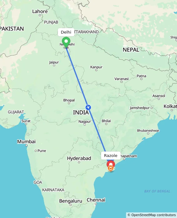 Route map showing distance and travel time from Delhi, India to Razole, India