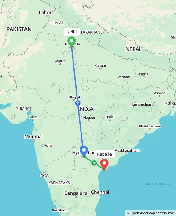 Route map showing distance and travel time from Delhi, India to Repalle, India