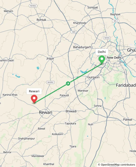 Route map showing distance and travel time from Delhi, India to Rewari, India