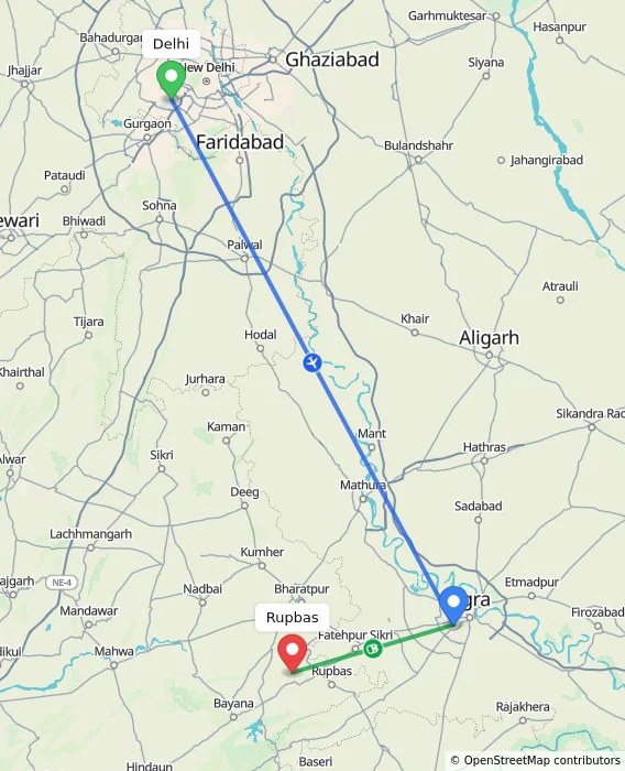 Route map showing distance and travel time from Delhi, India to Rupbas, India