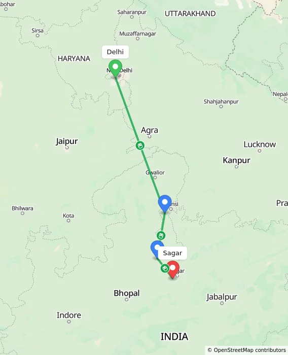 Route map showing distance and travel time from Delhi, India to Sagar, India