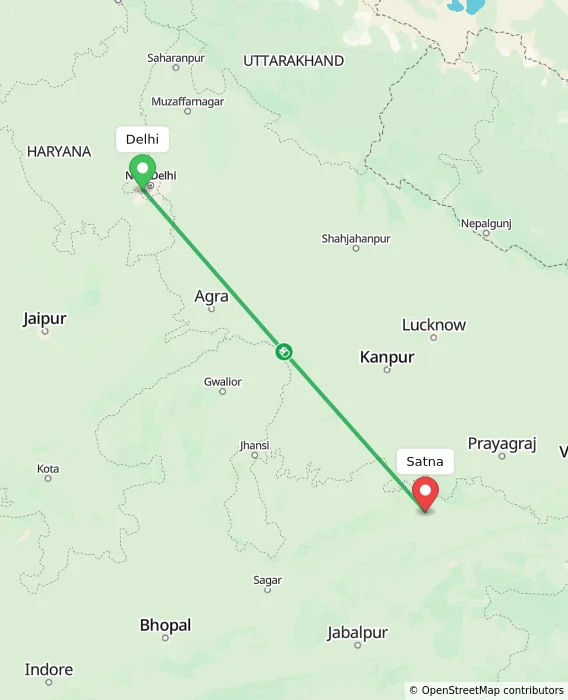 Route map showing distance and travel time from Delhi, India to Satna, India