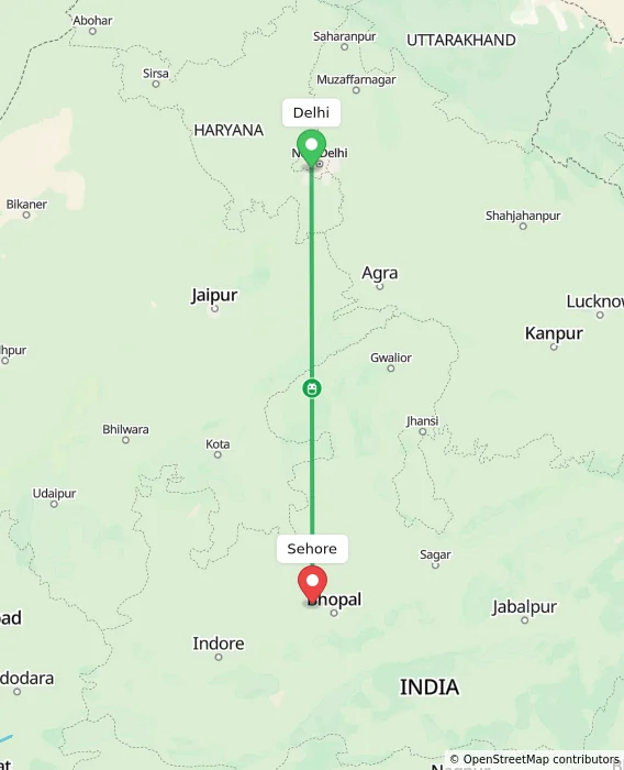 Route map showing distance and travel time from Delhi, India to Sehore, India