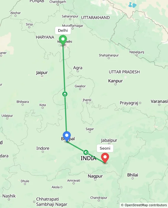 Route map showing distance and travel time from Delhi, India to Seoni, India