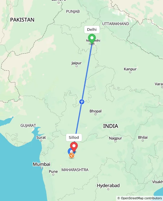 Route map showing distance and travel time from Delhi, India to Sillod, India