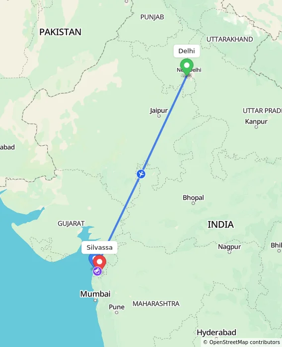 Route map showing distance and travel time from Delhi, India to Silvassa, India