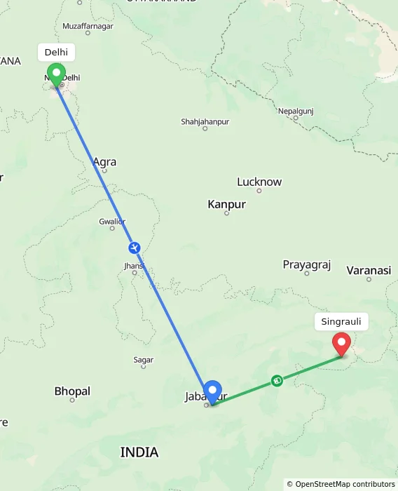 Route map showing distance and travel time from Delhi, India to Singrauli, India