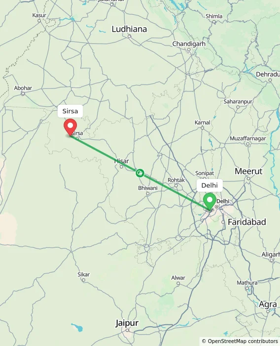 Route map showing distance and travel time from Delhi, India to Sirsa, India