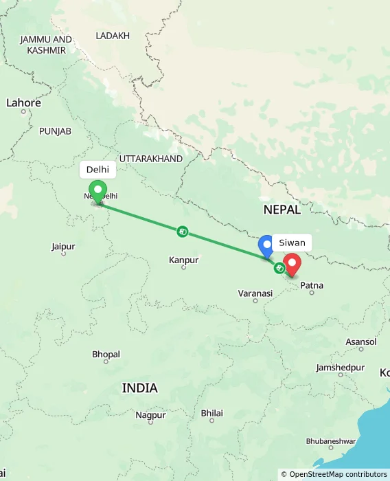Route map showing distance and travel time from Delhi, India to Siwan, India