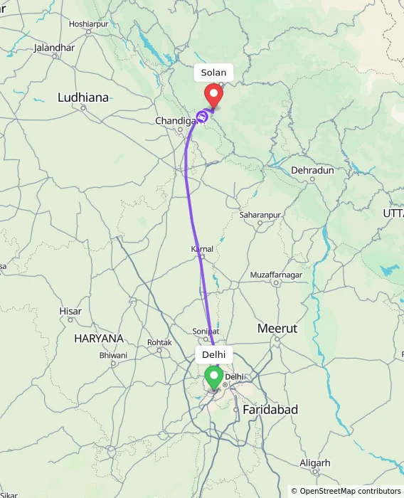 Route map showing distance and travel time from Delhi, India to Solan, India