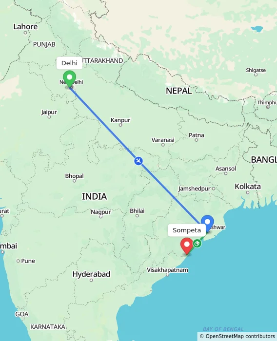 Route map showing distance and travel time from Delhi, India to Sompeta, India
