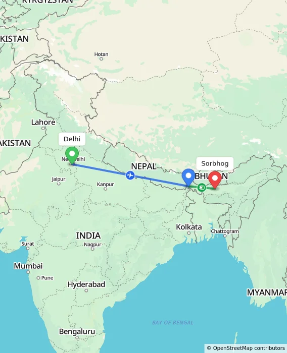 Route map showing distance and travel time from Delhi, India to Sorbhog, India