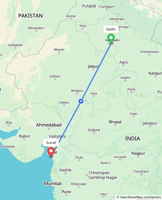 Route map showing distance and travel time from Delhi, India to Surat, India