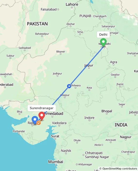Route map showing distance and travel time from Delhi, India to Surendranagar, India