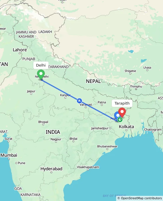 Route map showing distance and travel time from Delhi, India to Tarapith, India
