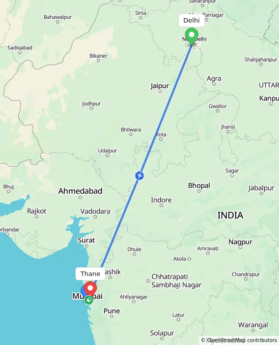 Route map showing distance and travel time from Delhi, India to Thane, India