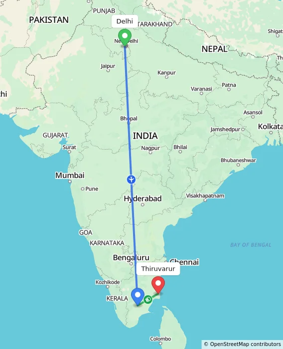 Route map showing distance and travel time from Delhi, India to Thiruvarur, India