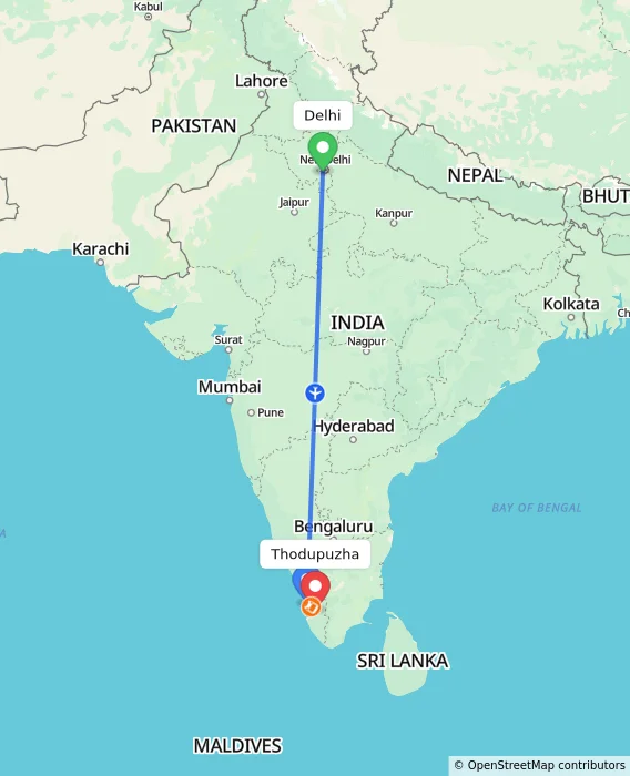 Route map showing distance and travel time from Delhi, India to Thodupuzha, India