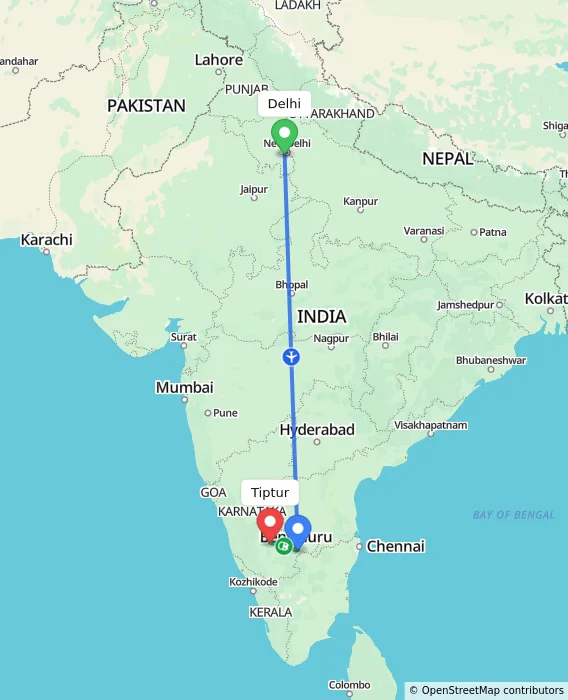 Route map showing distance and travel time from Delhi, India to Tiptur, India