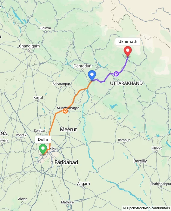 Route map showing distance and travel time from Delhi, India to Ukhimath, India