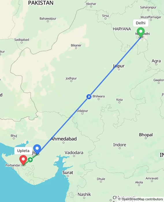 Route map showing distance and travel time from Delhi, India to Upleta, India