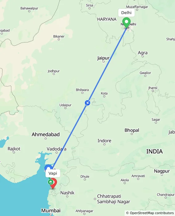 Route map showing distance and travel time from Delhi, India to Vapi, India