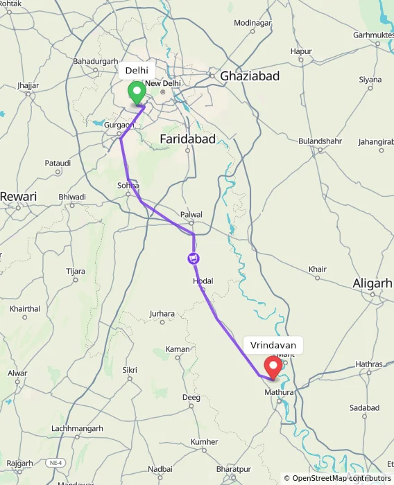 Route map showing distance and travel time from Delhi, India to Vrindavan, India
