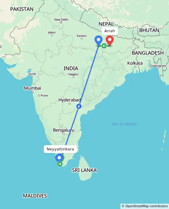 Route map showing distance and travel time from Neyyattinkara, India to Arrah, India