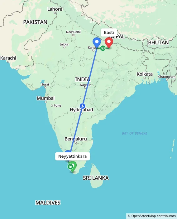 Route map showing distance and travel time from Neyyattinkara, India to Basti, India