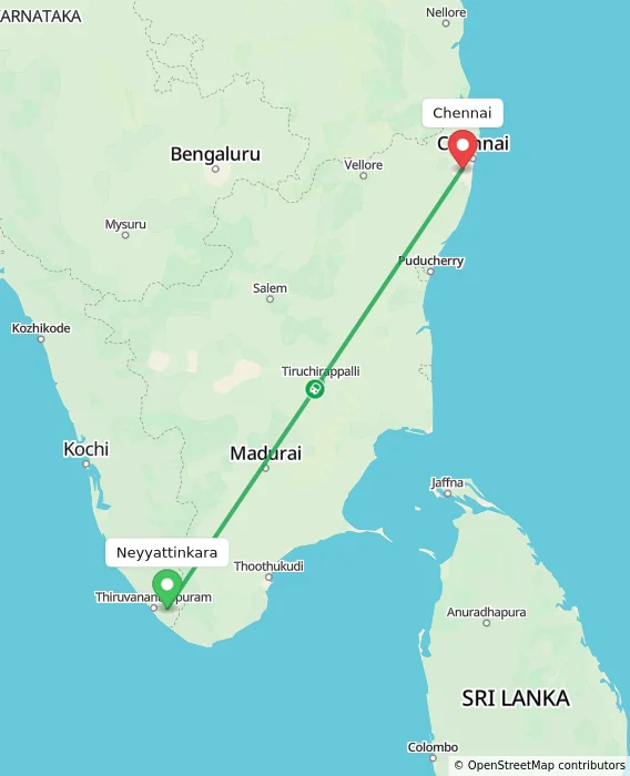 Route map showing distance and travel time from Neyyattinkara, India to Chennai, India