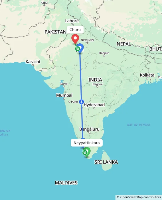 Route map showing distance and travel time from Neyyattinkara, India to Churu, India