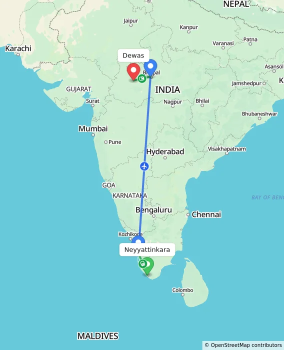 Route map showing distance and travel time from Neyyattinkara, India to Dewas, India